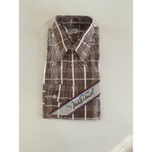 Vtg Michel Daniel Paris Men's Brown Plaid Button Down Disco Shirt, NOS, 17-33